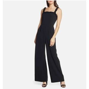 CHELSEA28 Black Ruffle Trim Square Neck Pocket Crepe Pant Jumpsuit 14 Nordstrom